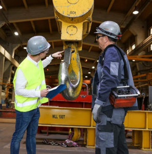 Sachverständiger prüft eine Krananlage im Rahmen der Abnahme